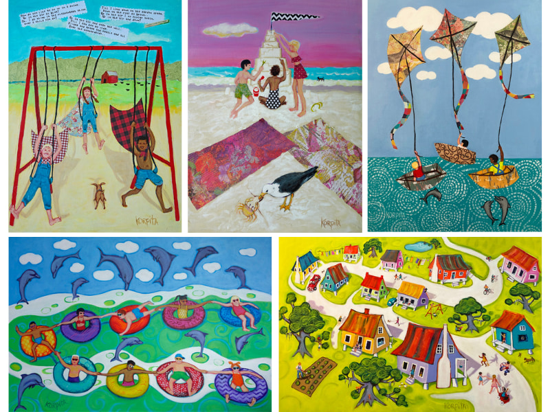 Paintings by Rebecca Korpita evoke happy times along Mississippi’s beaches and the fun children have playing in a small community. They include, top, from left, “Up in the Air,” “Sandcastles and Sunsets,” “Catching the Wind,” “Joyful Day at the Beach” and “Neighborhood.”